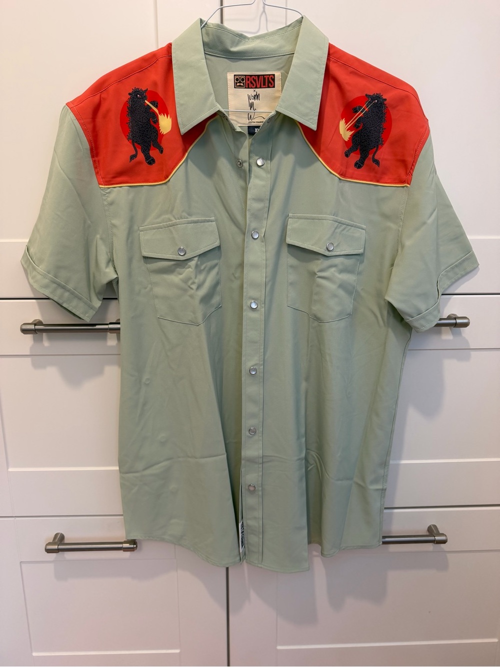 RSVLTS Men's Stretch Short Sleeve Western Shirt in Sage with Red Yoke